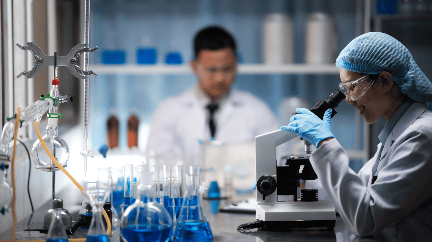Life sciences employee looks into a microscope as a life sciences executive reviews findings.