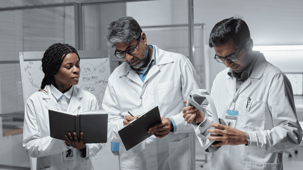 Chief Scientific Officer and team reviewing research data in a laboratory.