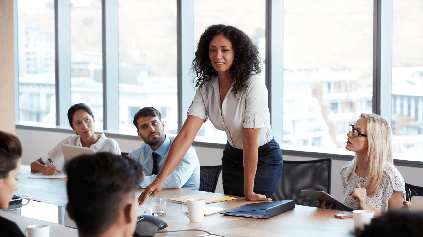 Chief executive officer leading a board meeting, standing at a conference table while presenting strategy to directors in a boardroom.