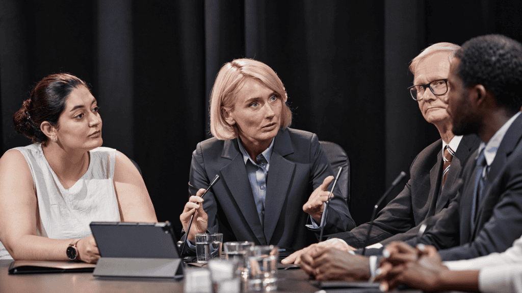 Executive leadership team navigating uncertainty during a boardroom discussion, representing organizational resilience and values-driven leadership in action.