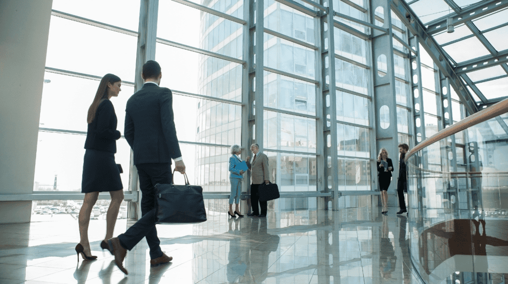 Business professionals in a corporate lobby, representing the senior leadership talent the best executive search firms help organizations access.