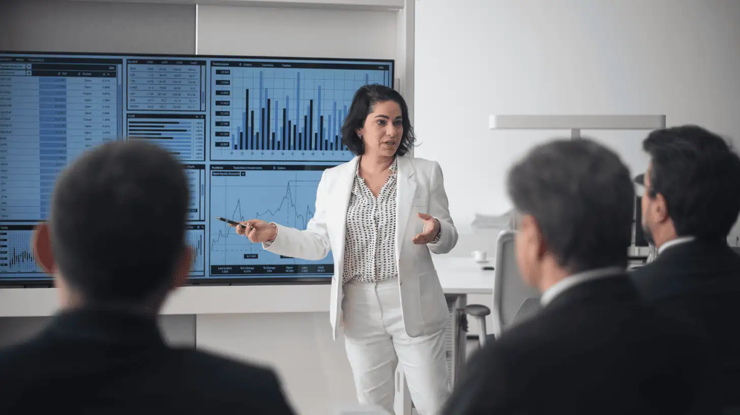 Chief Financial Officer presenting latest finance metrics to executive team.