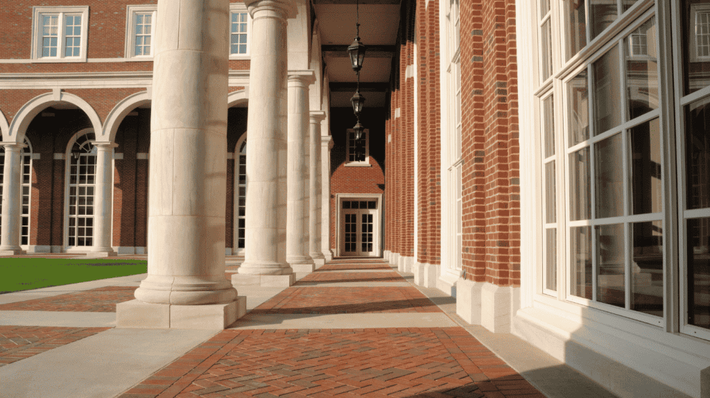 Sunlit university colonnade representing academic leadership and education executive search.