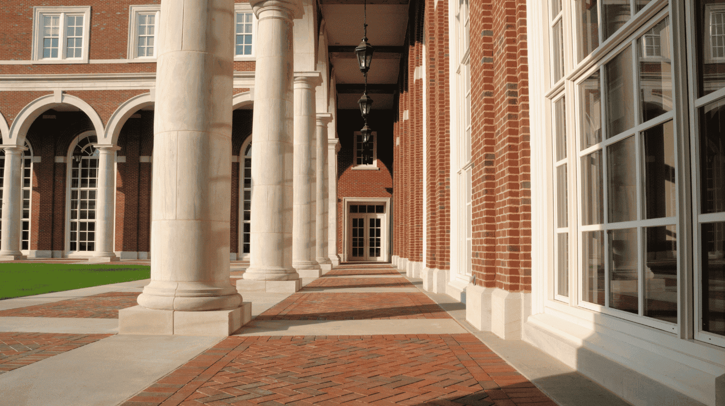 Sunlit university colonnade representing academic leadership and education executive search.