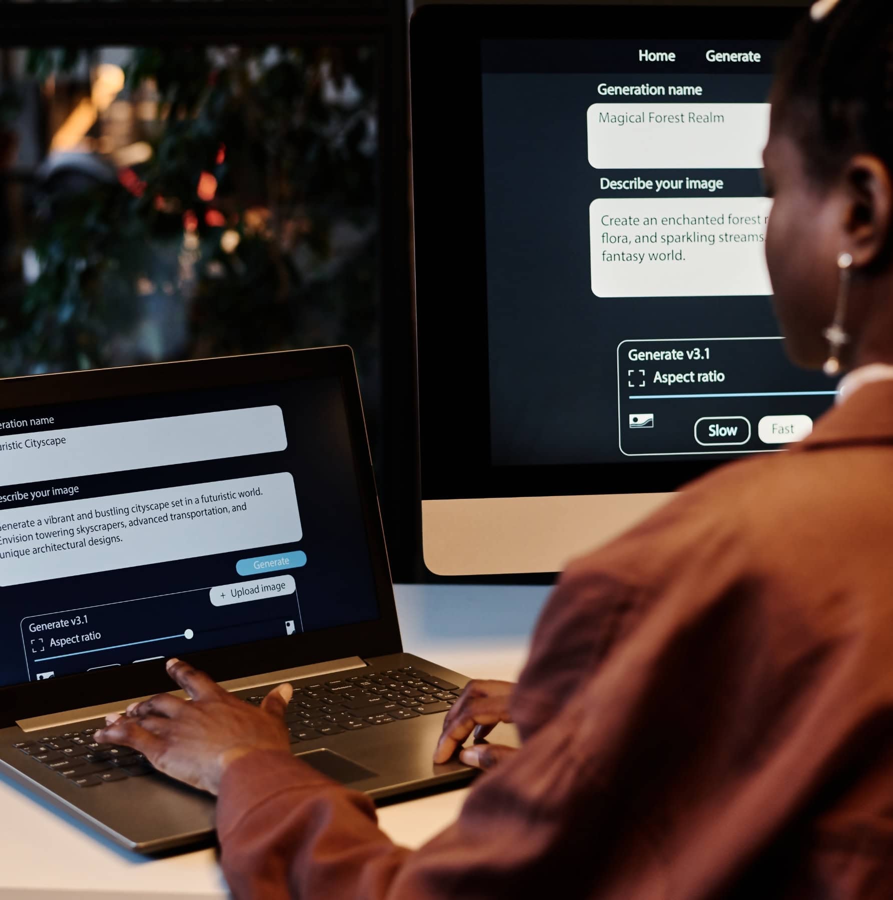Person using a generative AI image generation platform on dual screens.